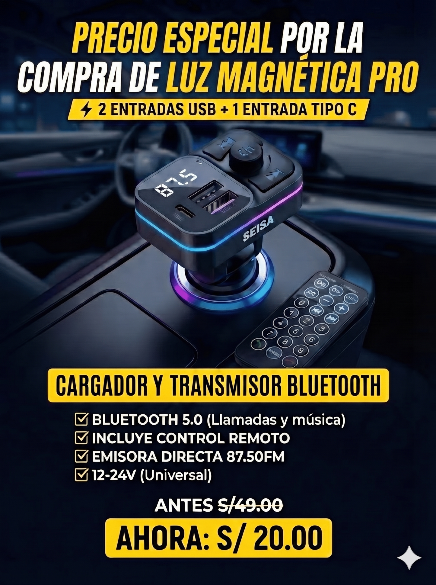 CARGADOR DE CELULAR Y TRANSMISOR BLUETOOTH
